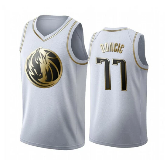 SheShow Men's Luka Doncic #77 Dallas Mavericks White Golden Edition Jersey Tops