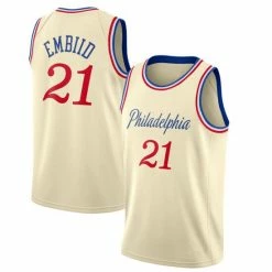 SheShow Men's Philadelphia 76ers Joel Embiid Cream 2019-20 Finished Swingman Jersey City Edition Tops White