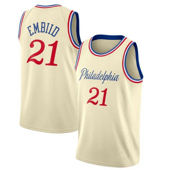 SheShow Men's Philadelphia 76ers Joel Embiid Cream 2019-20 Finished Swingman Jersey City Edition Tops White