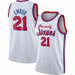 SheShow Men's Philadelphia 76ers Joel Embiid White Hardwood Classics Finished Jersey Tops