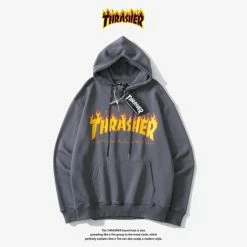 SheShow Thrasher Flame Logo Unisex Pullover Hoodie Sweatshirts & Sweaters Grey