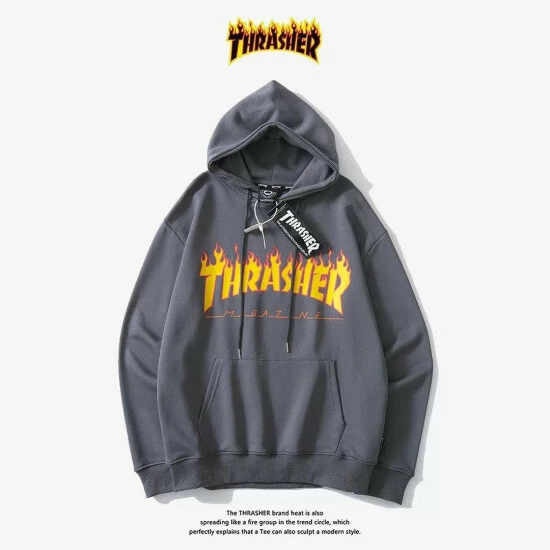 SheShow Thrasher Flame Logo Unisex Pullover Hoodie Sweatshirts & Sweaters Grey