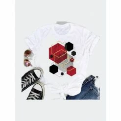 SheShow Women Tees Striped Lovely 90s Fashion Short Sleeve Tshirts Tops White/red