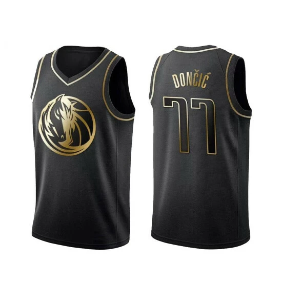 SheShow Men's Dallas Mavericks Luka Doncic #77 Basketball Jersey Black Gold Edition Tops