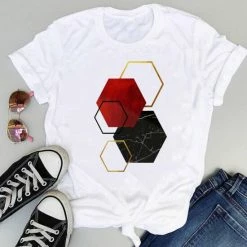 SheShow Women Tees Striped Lovely 90s Fashion Short Sleeve Tshirts Tops White/gold