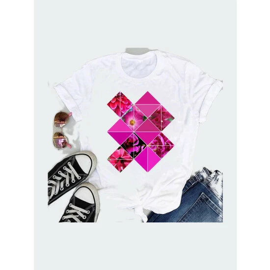 SheShow Women Tees Striped Lovely 90s Fashion Short Sleeve Tshirts Tops White/dark Pink