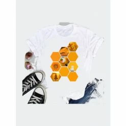 SheShow Women Tees Striped Lovely 90s Fashion Short Sleeve Tshirts Tops White/turmeric