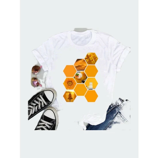 SheShow Women Tees Striped Lovely 90s Fashion Short Sleeve Tshirts Tops White/turmeric