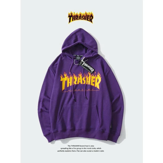 SheShow Thrasher Flame Logo Pullover Hoodie Sweatshirts & Sweaters Grey